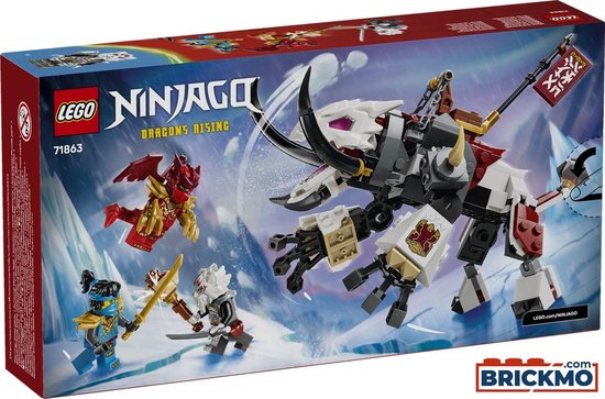 Doos van Lego Ninjago 71863 met een witte, grijze en rode draak met hoorns, en drie Ninjago-figuren.