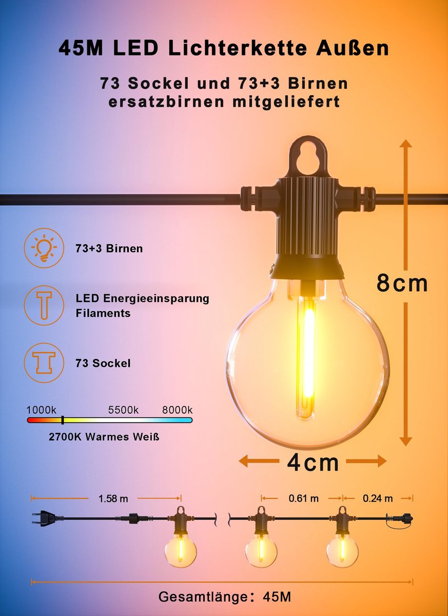 SnelShoppen - Zuske Led-lichtsnoer voor buiten, 45 m lichtketting met 73 + 3 warmwitte G40-gloeilampen, IP65 waterdicht, perfect voor tuin, terras, ba