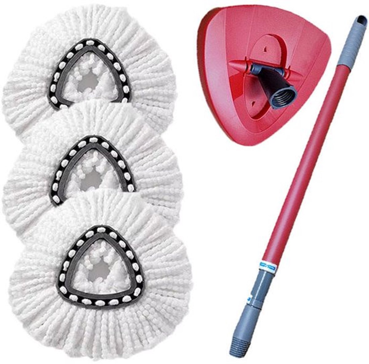 Geschikt voor mop vervangingskoppen, driehoekige mop, deksel, voetpedaal accessoires, 1 mophendel, 1 driehoekige plaat, 3 witte mophulzen