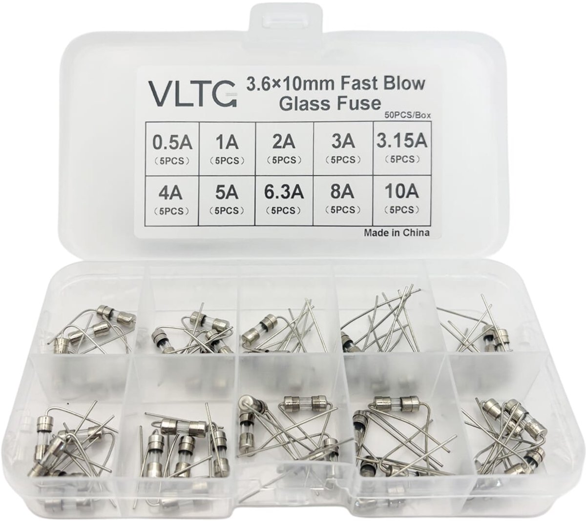 VLTG Glaszekering met Soldeerdraad 3.6x10mm - Buiszekering - Snel (F) - 0.5A t/m 15A - Zekeringset 50 stuks