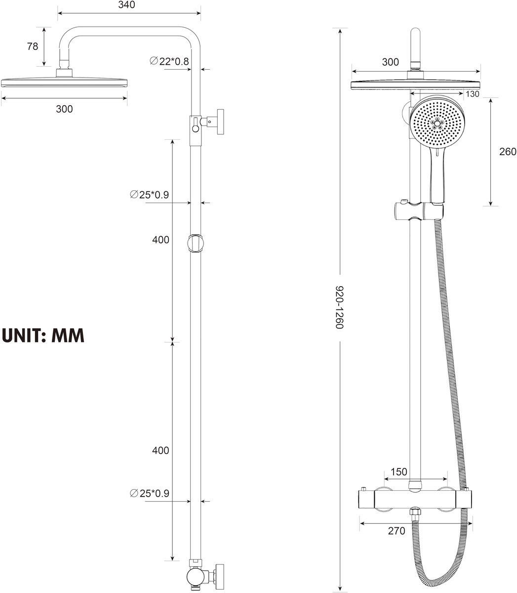 SnelShoppen - Douchesysteem met Thermostaat, Chroom Regendouche Set 30 cm, 5 Straalsoorten, Verstelbaar van 92-126 cm, Complete Doucheset voor Luxe Do