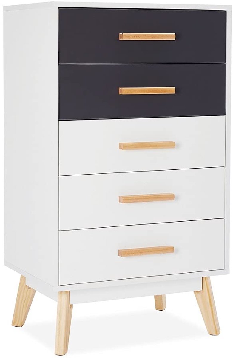 SnelShoppen - Commode met 5 Laden, Scandinavische Ladekast, Vrije Combinatie van Kleuren, 55 x 40 x 96 cm, Wit en Grijs voor Slaapkamer en Woonkamer