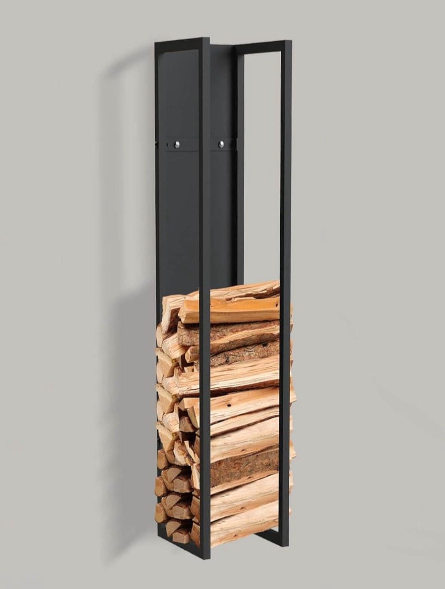 Brandhoutrek met achterwand - Houtopslag mand - Haardhout opbergen - Wandmontage mogelijk - 120 cm hoog - Zwart