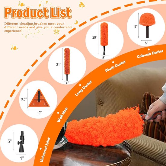 Stofdoek Set - Telescopische Paal - Hoge Plafonds Reinigen - Veelzijdige Reinigingskoppen - Tot 6 Meter - Oranje — afbeelding 2