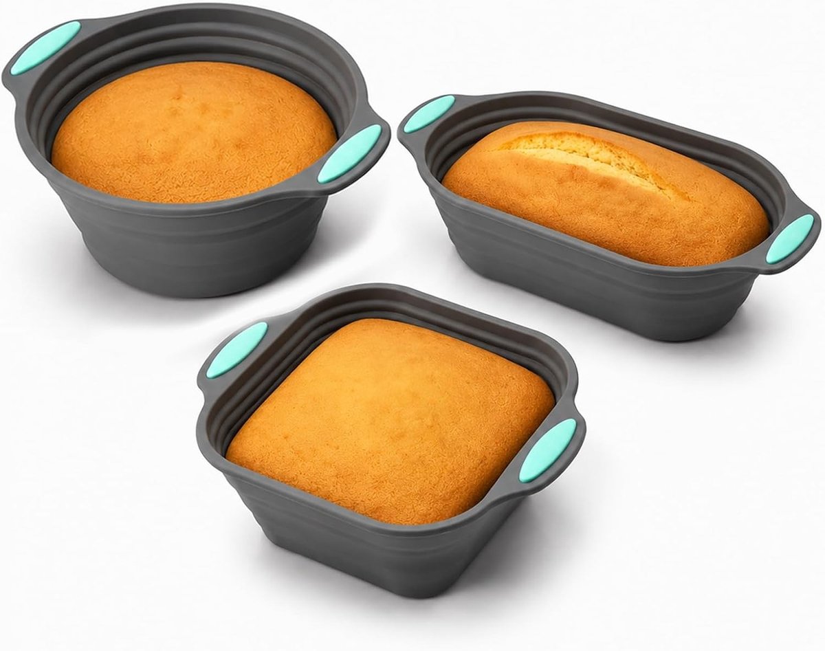 Vouwbare Siliconen Bakvormen Set van 3 Stuks voor Brood, Taarten en Desserts in Diverse Vormen