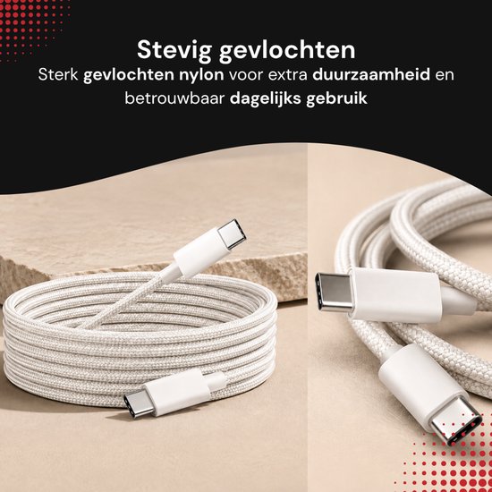 Gedetailleerde weergave van een witte 2 meter lange, gevlochten USB-C naar Lightning kabel.