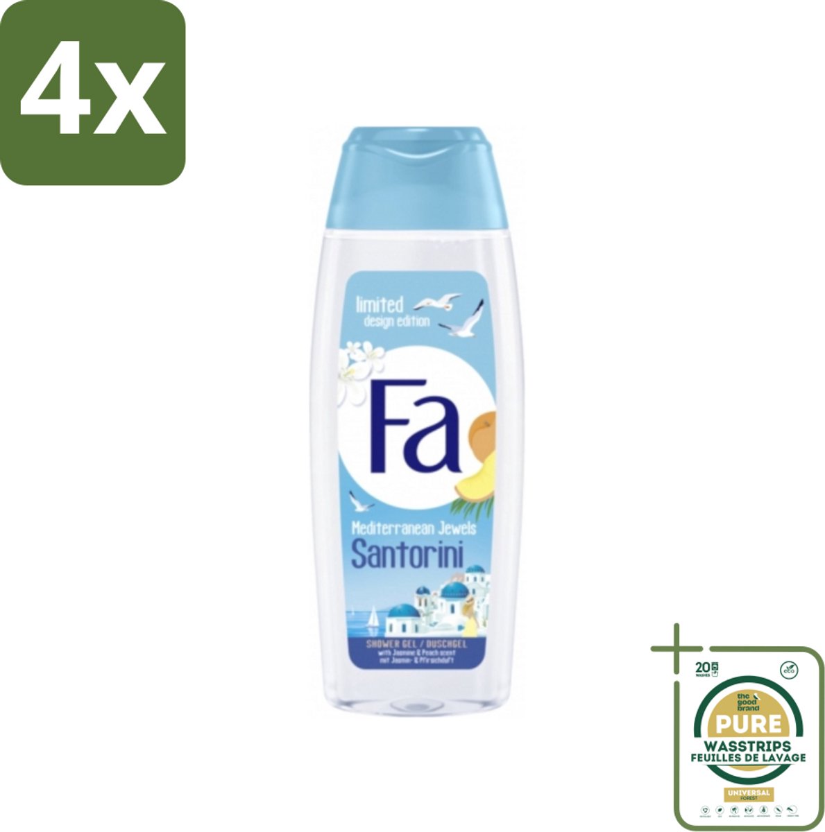 Fa - Douchegel - Mediterranean Jewels Santorini - Verfrissend & Hydraterend - Verzachtend - 250 ml - Voordeelverpakking - 4 stuks - Hydraterende douchegel - Verzachtende douchegel