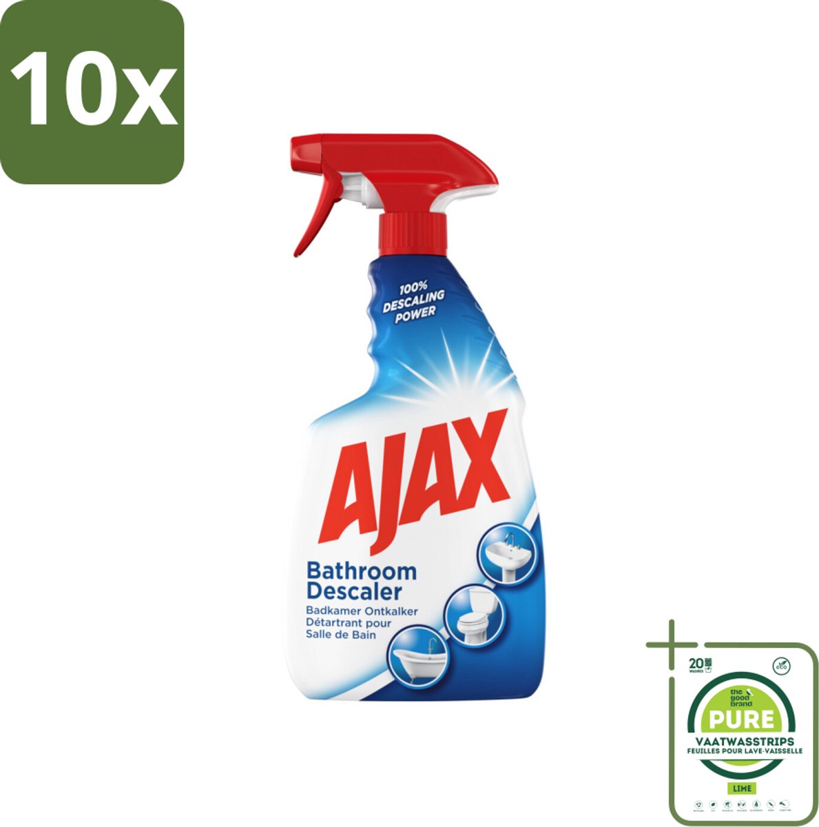 10 x Ajax Badkamerspray 750 ml - Grootverpakking - Badkamer Ontkalker - Ontkalker Spray - Hardnekkig Vet Verwijderen - Kalkaanslag Voorkomen - Badkamer Reinigen