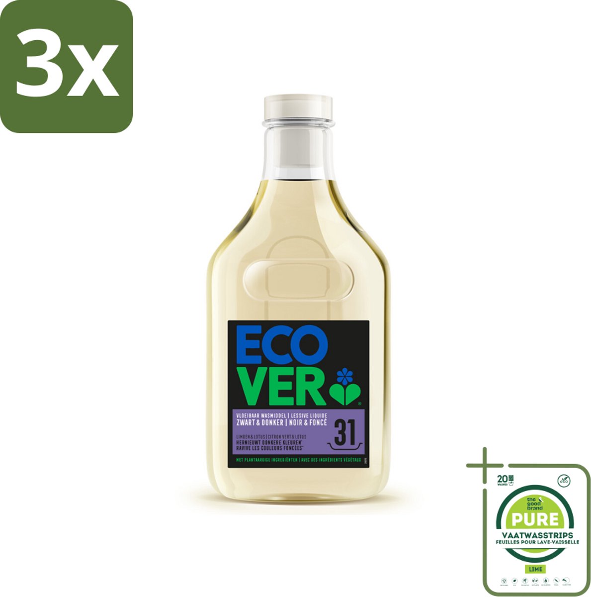 3 x Ecover Vloeibaar Wasmiddel Zwart & Donker - Limoen & Lotus 31 Wasbeurten 1,43 liter - Grootverpakking - Donker Wasmiddel - Donkere Kleuren - Plantaardig Wasmiddel - Milieuvriendelijk Wasmiddel - Ecologisch Wasmiddel