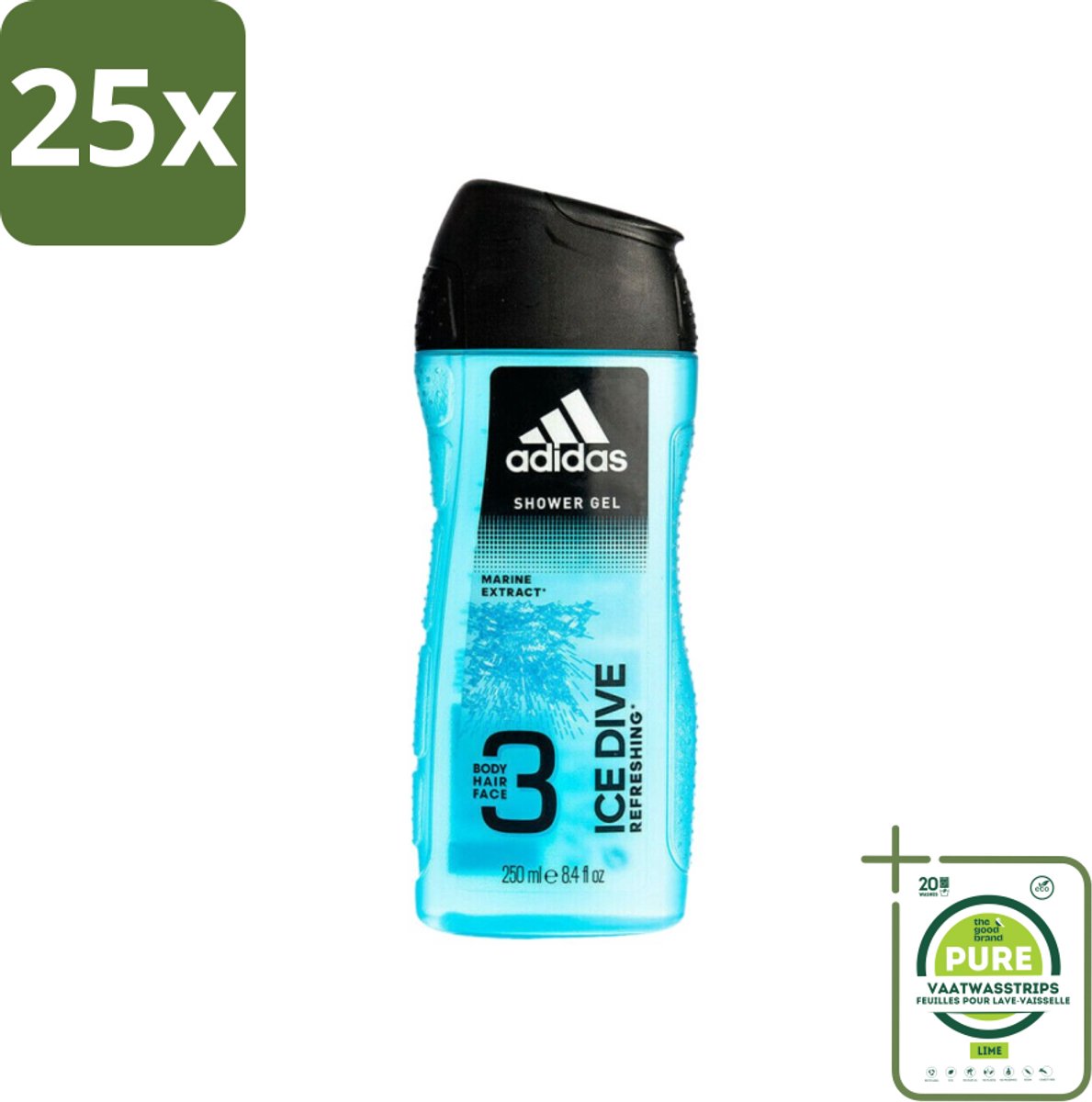 25 x Adidas - 3-in-1 Douchegel - Ice Dive Refreshing - Marine Extract - 250 ml - Grootverpakking - Adidas Ice Dive Douche & Shampoo - Verfrissend - 2-in-1 - Lichaam En Haar - Sportieve Verzorging