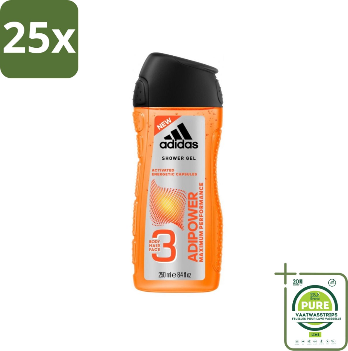 25 x Adidas - 3-in-1 Douchegel - Adipower Maximum Performance -250 ml - Grootverpakking - Adidas Adipower Douche & Shampoo - Douche En Shampoo - Sportief Haar En Huid Verzorging - Energiek Gevoel - Frisheid