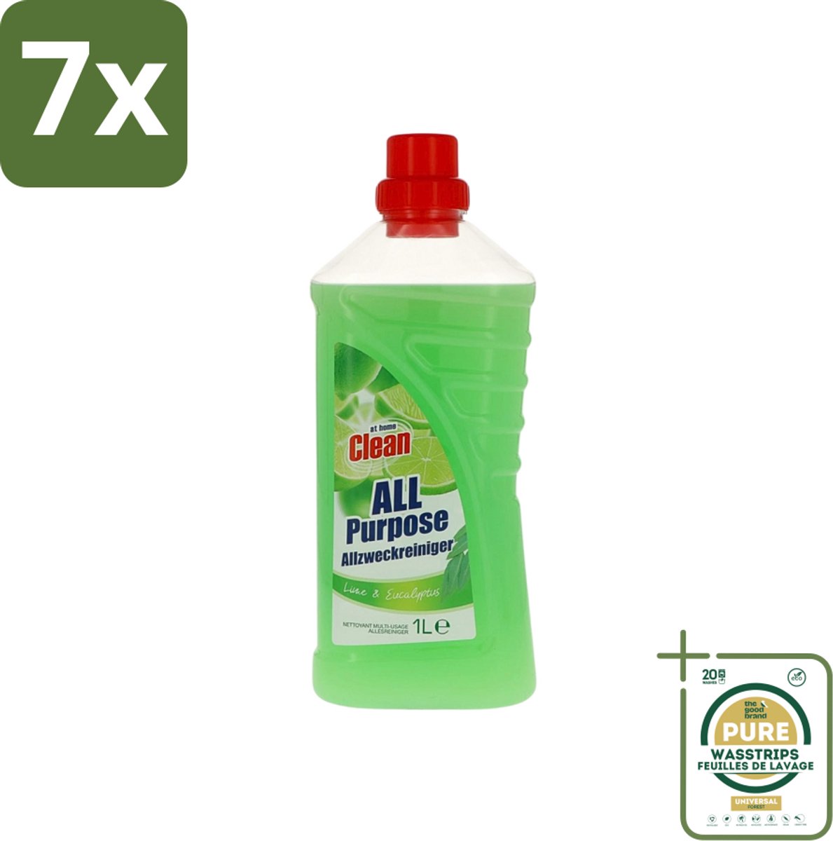 7 x At Home - Clean - Allesreiniger - Limoen & Eucalyptus - 1 L - Grootverpakking - Allesreiniger - Reiniger - Limoen En Eucalyptus - Reiniging - Vet Verwijderen