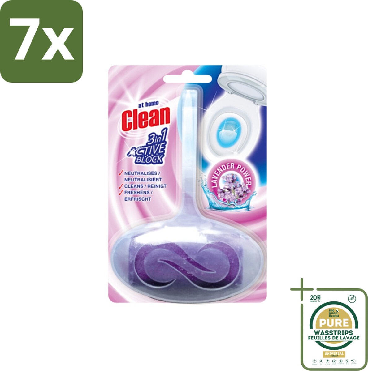 7 x At Home - Clean - Toiletblok - 3in1 Active - Lavender Power - Neutraliseert & Reinigt - 1 Blok - Grootverpakking - Toiletblok - Toilet Reinigen - Toilet Fris - Toilet Geuren Neutraliseren - Toilet Hygiëne