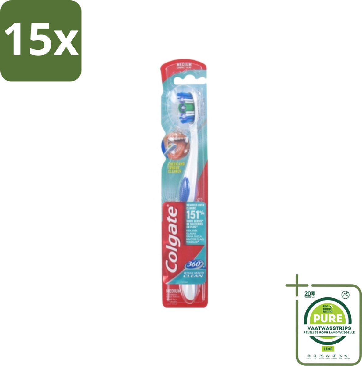 15 x Colgate - Tandenborstel - 360 Whole Mouth Clean Medium - Wit/Blauw - 1 Tandenborstel - Grootverpakking - Tandenborstel - Mondhygiëne - Tandenpoetsen - Bacteriën - Tandplak