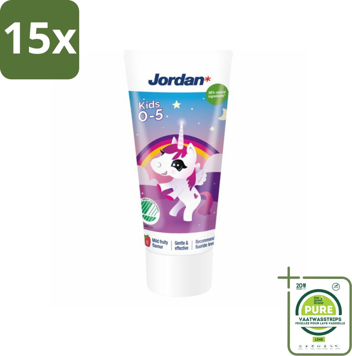 15 x Jordan Tandpasta Kids 0-5 jaar 50 ml - Grootverpakking - Tandpasta Voor Kinderen - Kindertandpasta - Melkgebit Beschermen - Gaatjes Voorkomen - Fluoride 1450 Ppm