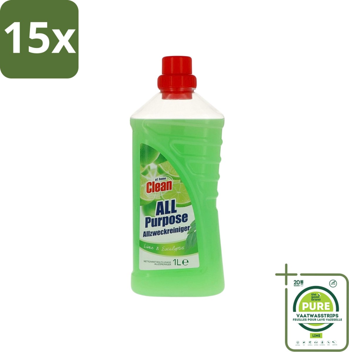 15 x At Home - Clean - Allesreiniger - Limoen & Eucalyptus - 1 L - Grootverpakking - Allesreiniger - Reiniging - Limoen - Eucalyptus - Vloer