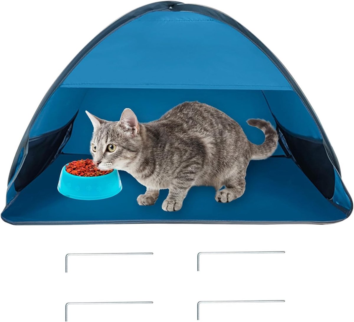 Ruim en Weerbestendig Kattenhuis met Voedingsstation voor Eten en Water, Vouwbare Kattent voor Zwerfkatten en Gemeenschapskatten, Blauw, 80 x 50 x 55 cm