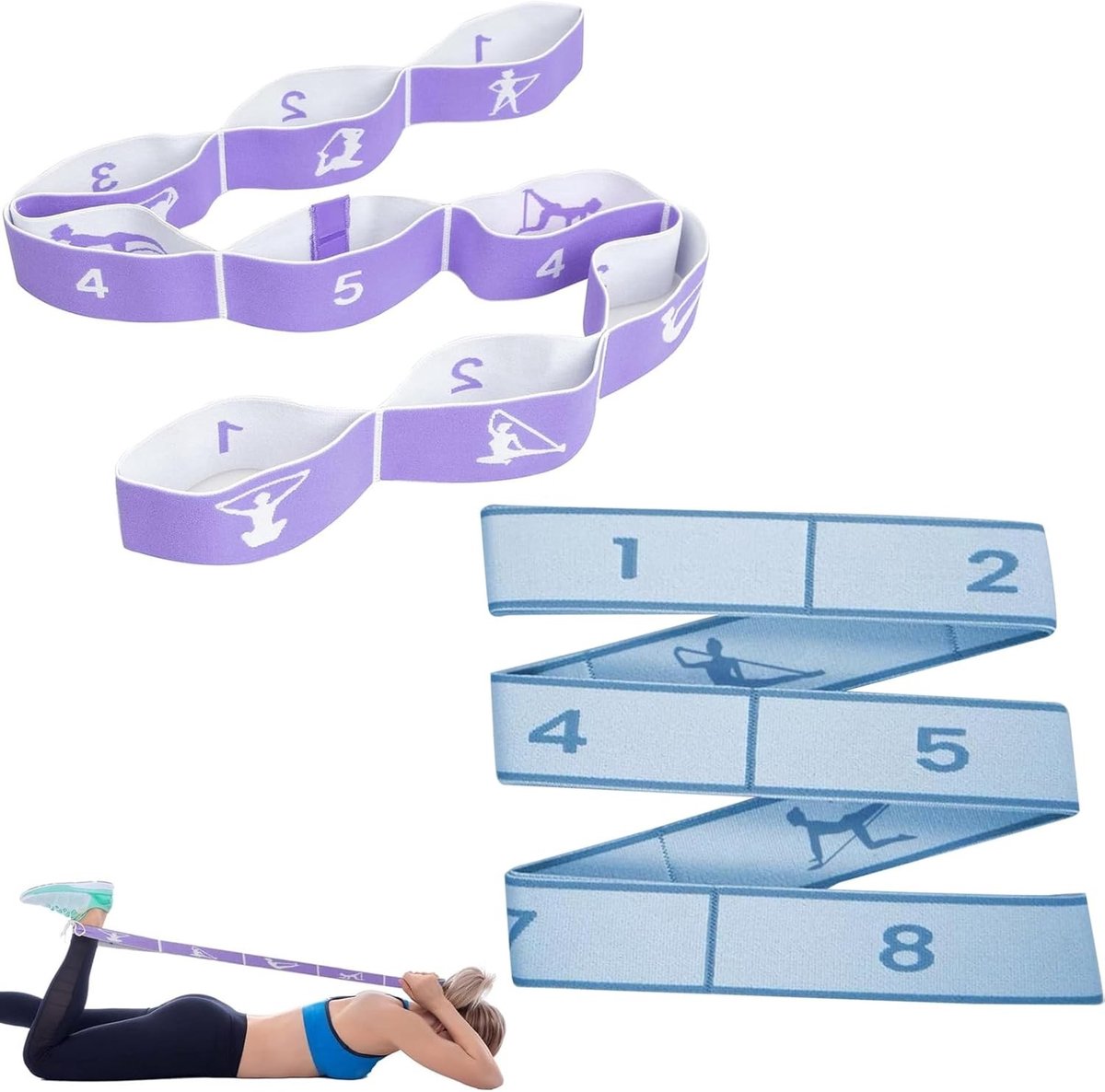 Verstelbare Yoga Stretchband met 8 Lussen - 90 cm Lange Elastische Band voor Flexibiliteit en Training - Lichtgewicht en Draagbaar Accessoire voor Rek- en Stretchoefeningen
