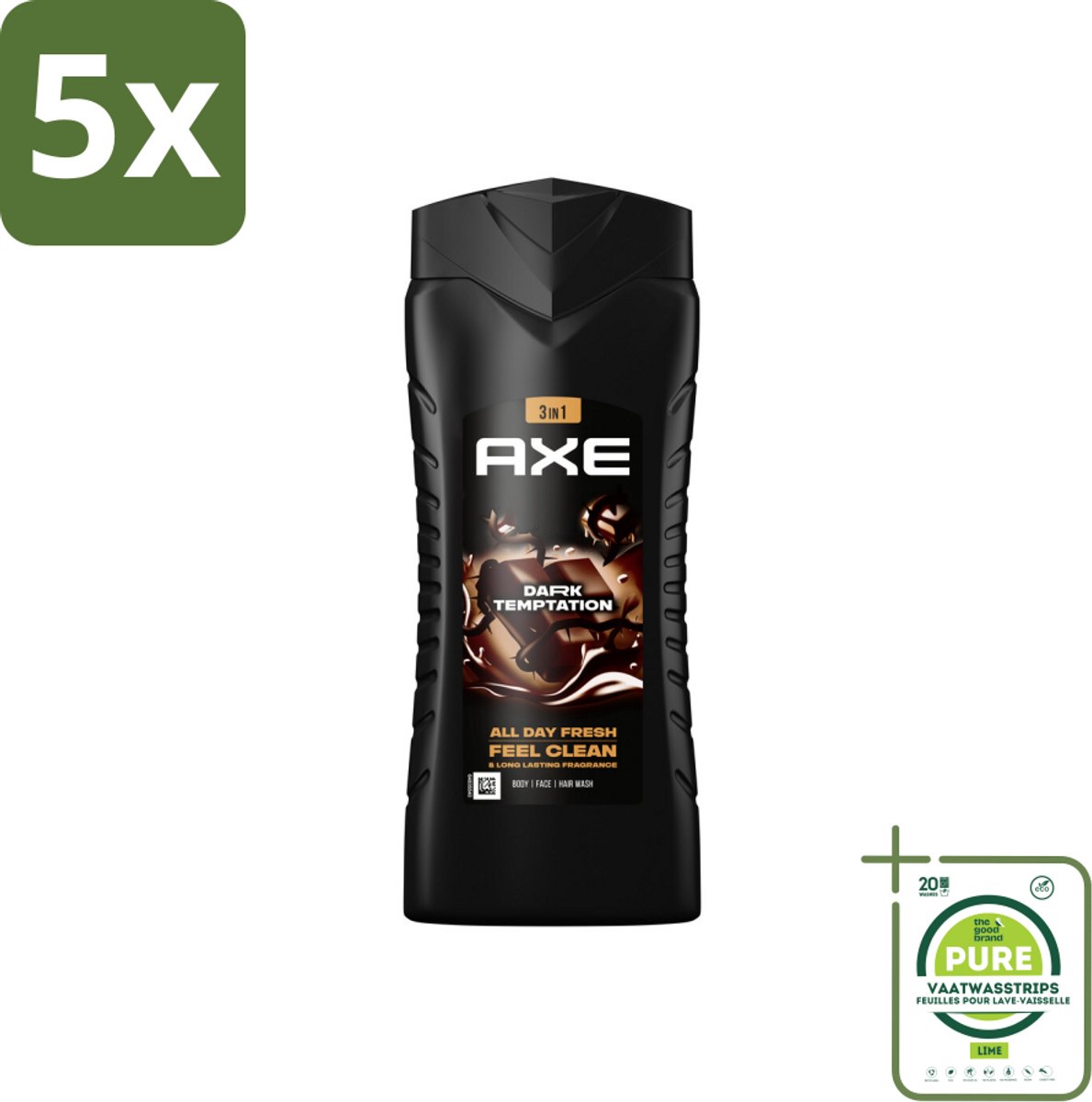 5 x Axe 3-in-1 Douchegel XL Dark Temptation 400 ml - Grootverpakking - Douchegel - AXE - Donkere Chocolade - Geur - 12 Uur