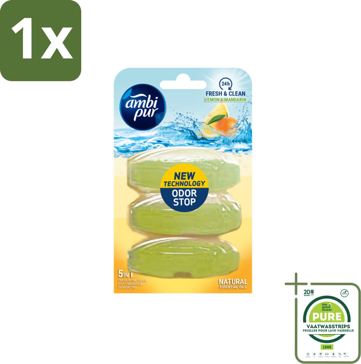 1 x Ambi Pur Toiletblok Navulling Citroen en Mandarijn 3 stuks per verpakking - Toiletblok - Toiletgeur - Citrusgeur - Citroen - Mandarijn