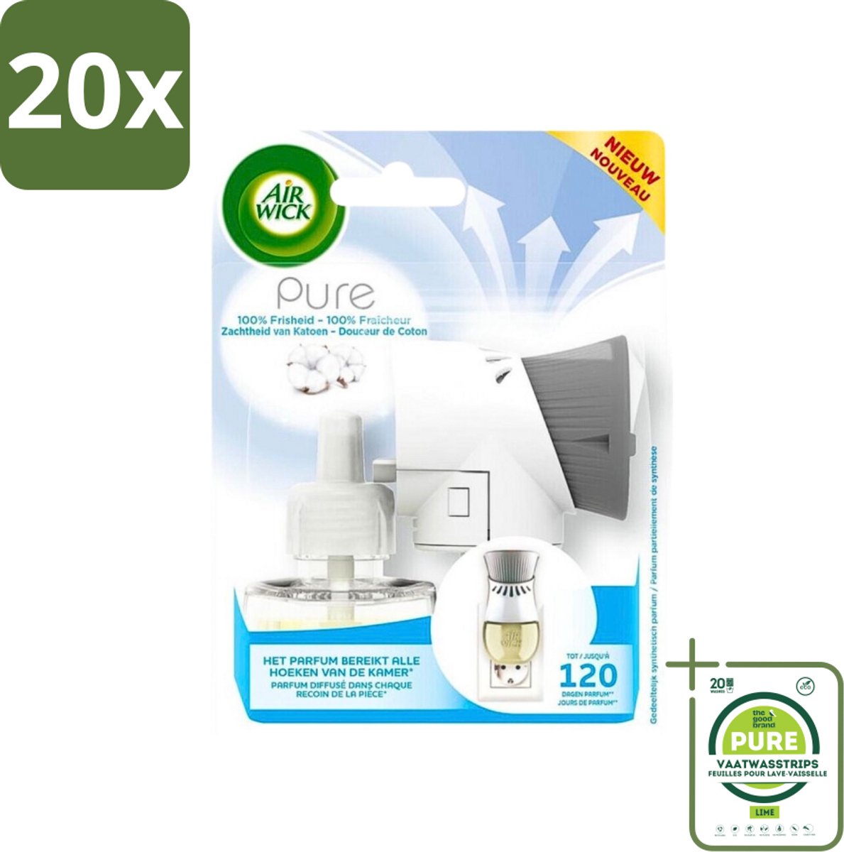 20 x Air Wick Elektrische Geurverspreider - Starterkit - Pure Zachtheid van Katoen - 19ml - Grootverpakking - Elektrische Geurverspreider - Katoen Geur - Luchtverfrisser - Geurverspreider Starterkit - Langdurige Geur