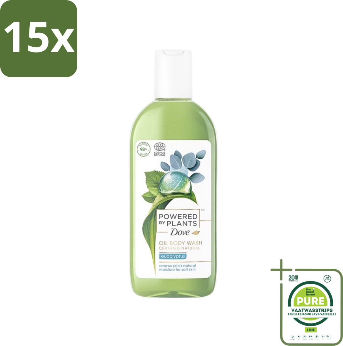 15 x Dove Powered by Plants - Oil Body Wash - Eucalyptus - 250 ml - Grootverpakking - Natuurlijke Bodywash - Eucalyptus Bodywash - Hydraterende Bodywash - Vegan Bodywash - Cruelty-Free Bodywash