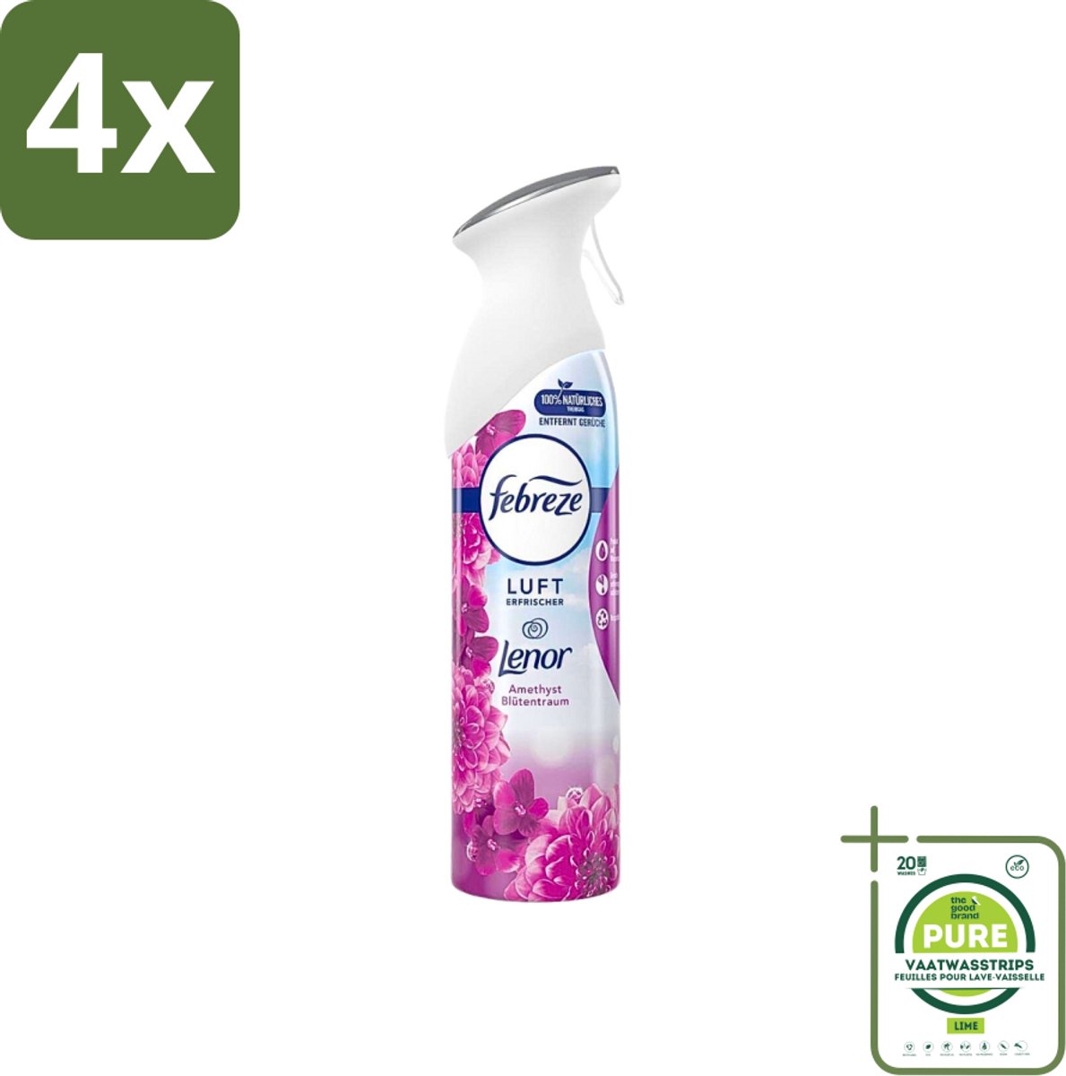 Febreze Amethist Luchtverfrisser Spray - Frisse Bloemen Geur - 300ml - Voordeelverpakking - 4 stuks - Luchtverfrisser - Geurverwijderaar