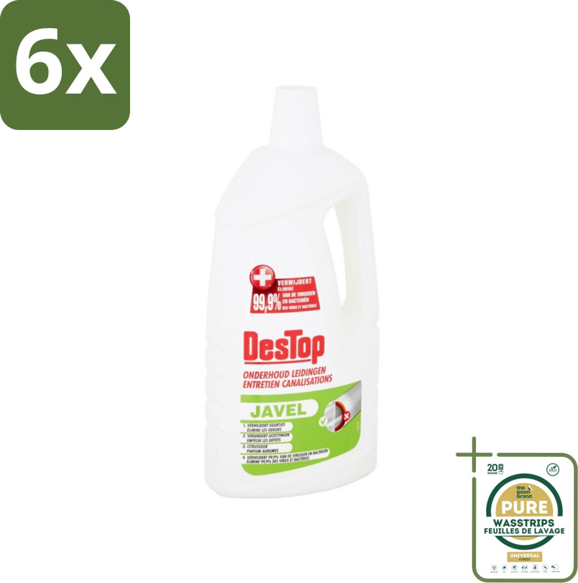 DesTop - Onderhoud Leidingen - Javel - 4-in-1 Werking - Citroengeur - 1,5L - Voordeelverpakking - 6 stuks - Geur neutraliseren - Afvoer ontstoppen
