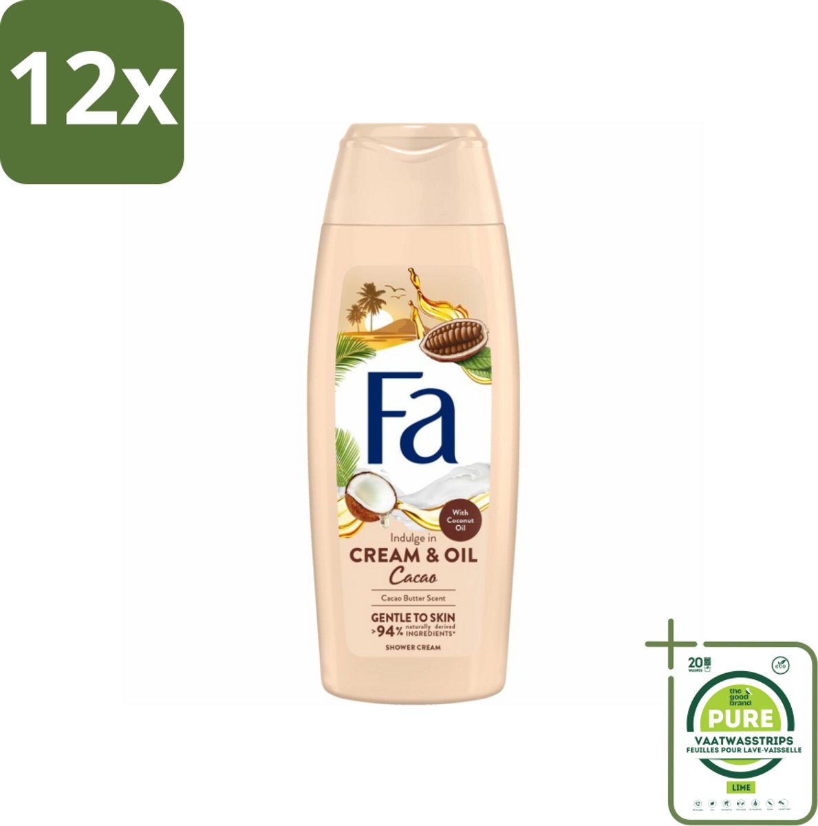 Fa - Cream & Oil Cacao - Douchecrème - Cacaoboter Met Kokosolie - 250 ml - Voordeelverpakking - 12 stuks - Douchecrème - Cacaoboter
