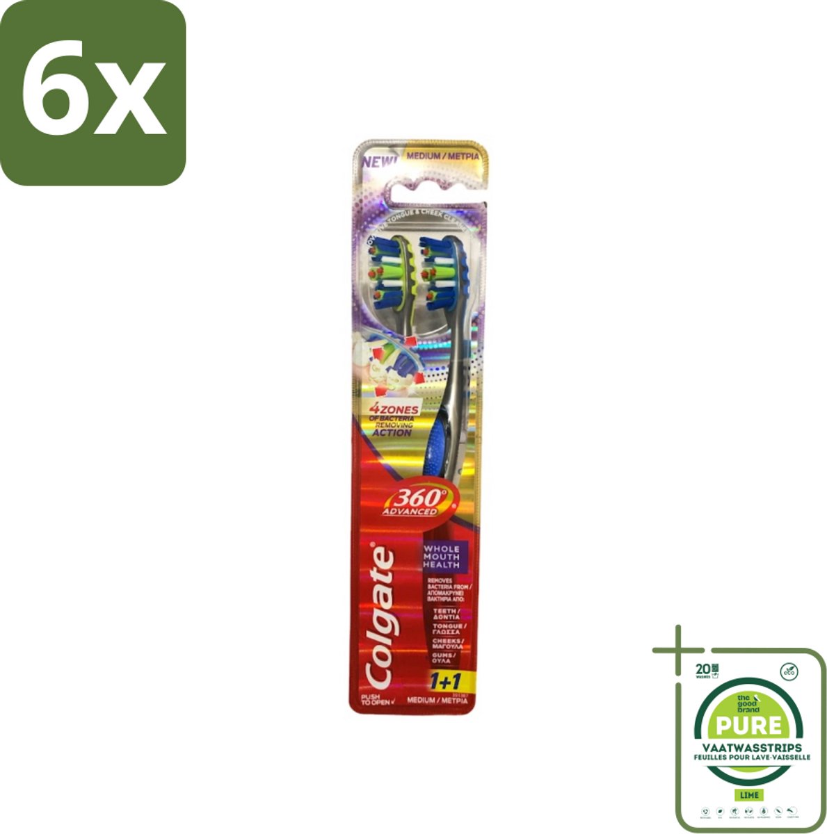 Colgate - 360° Geavanceerd - Tandenborstel - Medium - 2 Tandenborstels - Voordeelverpakking - 6 stuks - Tandenborstel - Elektrische tandenborstel