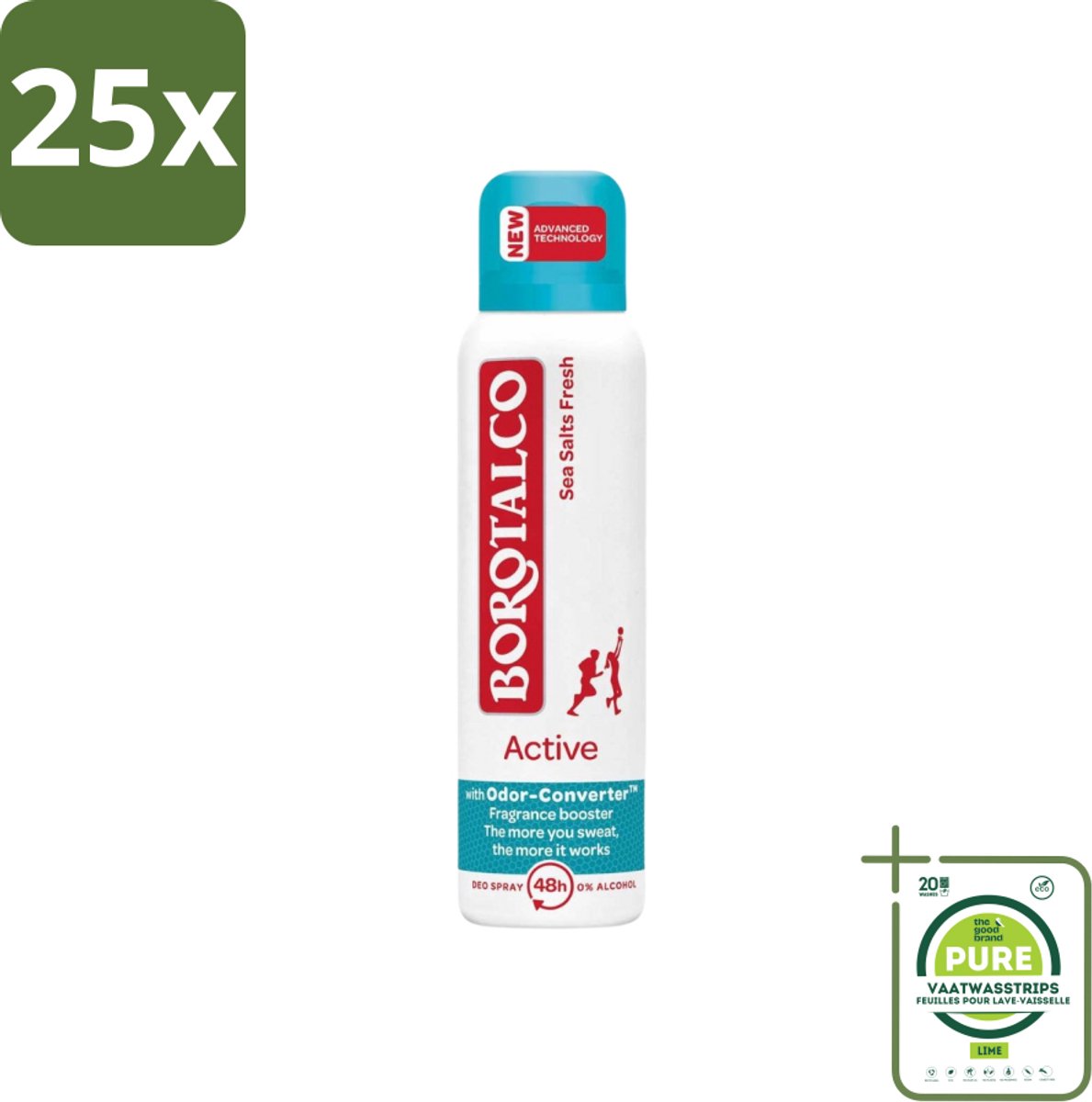 25 x Borotalco - Deodorant Spray - Active - Sea Salts Fresh - 0% Alcohol - 150 ml - Grootverpakking - Deodorant Spray - Antitranspirant - Zeezout - Frisse Geur - Alcoholvrij