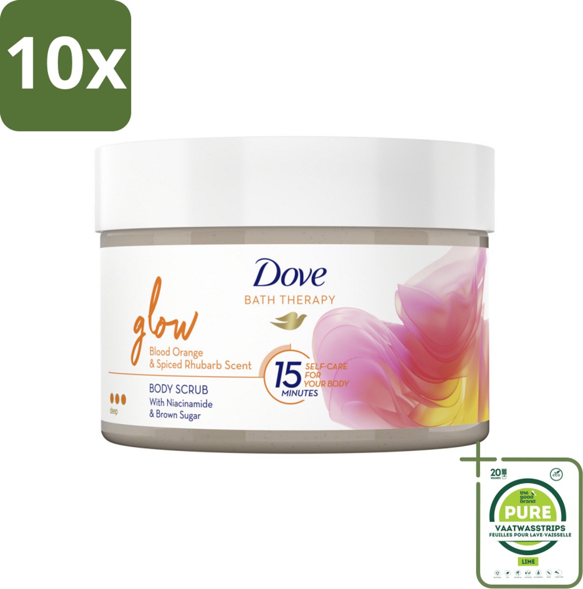 10 x Dove Bath Therapy Glow - Bodyscrub - Bloedsinaasappel & Rabarber - 295 ml - Grootverpakking - Huidverzorging - Body Scrub - Stralende Huid - Niacinamide - Bruine Suiker