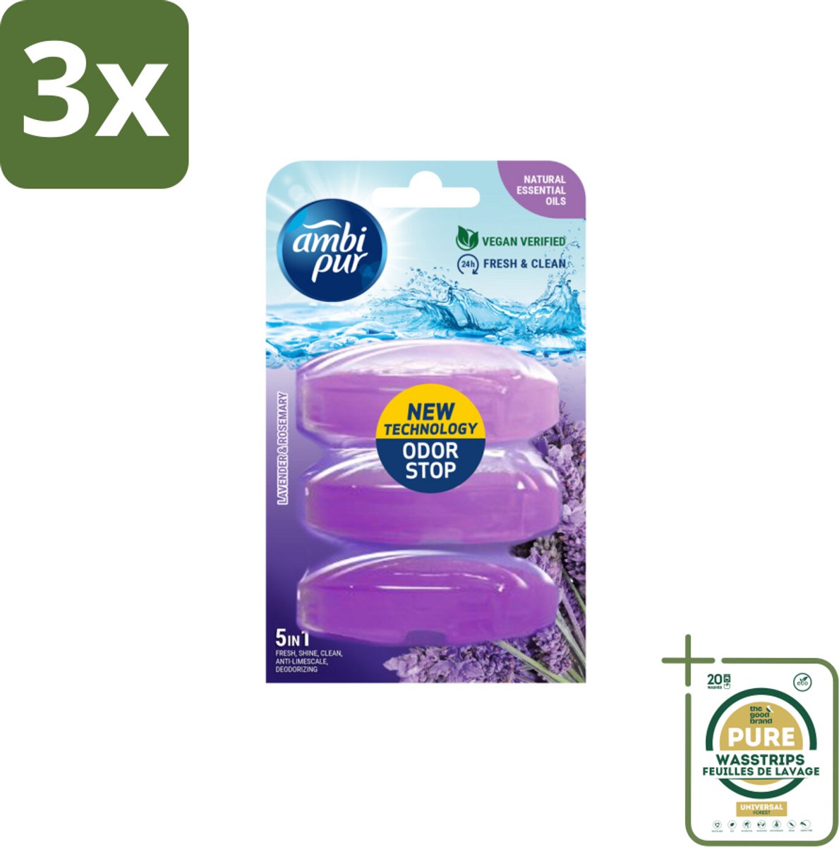 3 x Ambi Pur Toiletblok Navulling Lavendel & Rozemarijn 3 stuks per verpakking - Grootverpakking - Toiletblok Navulling - Reinigingsvulling - Frisse Toiletomgeving - Lavendel En Rozemarijn - Hygiëne