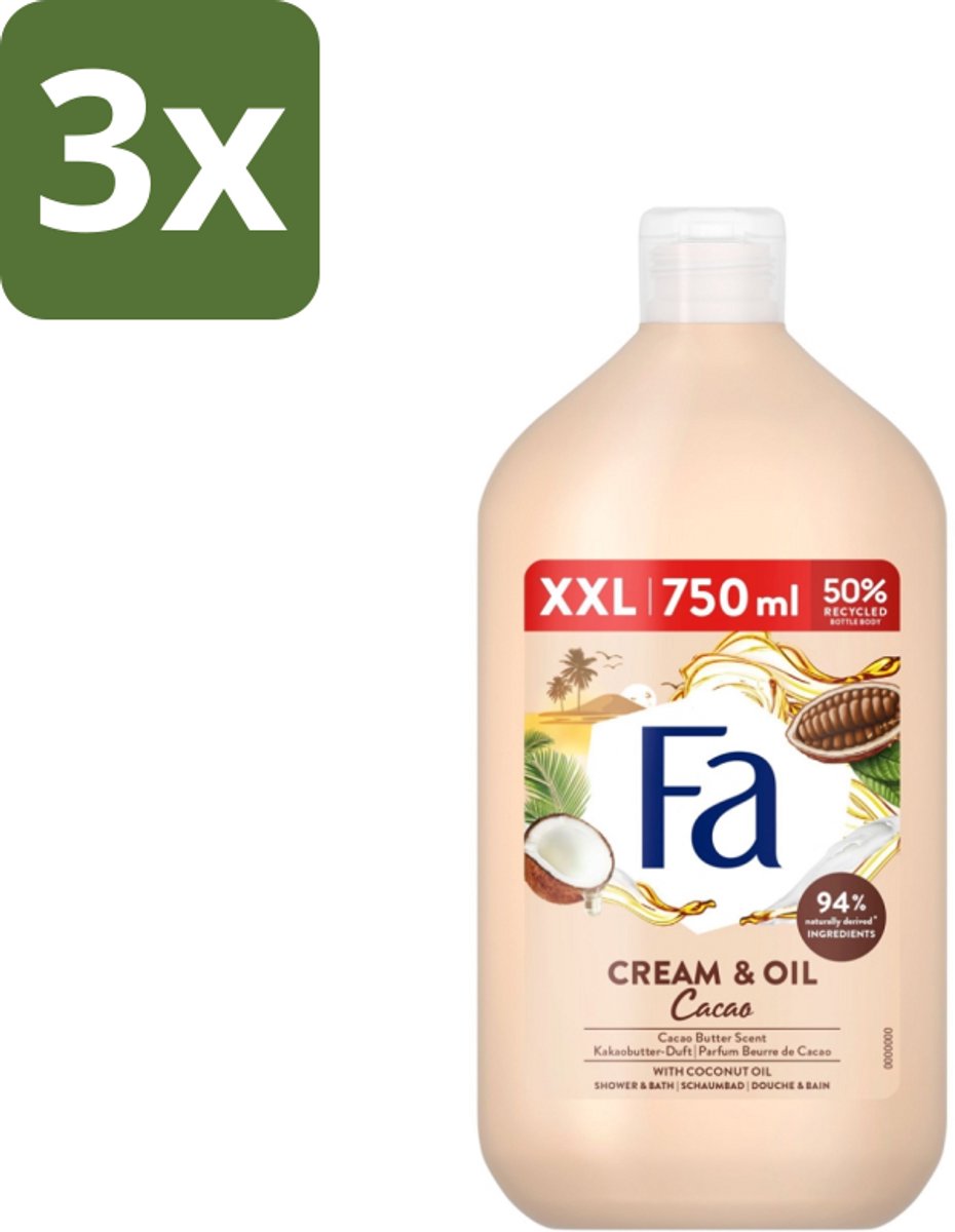 3 x Fa - Cream & Oil Cacao - Bad- & Douchegel - Cacaoboter Met Kokosolie - 750 ml - Bad En Douche Gel - Cacaoboter - Kokosolie - Huid Verzorging - Hydraterende Gel