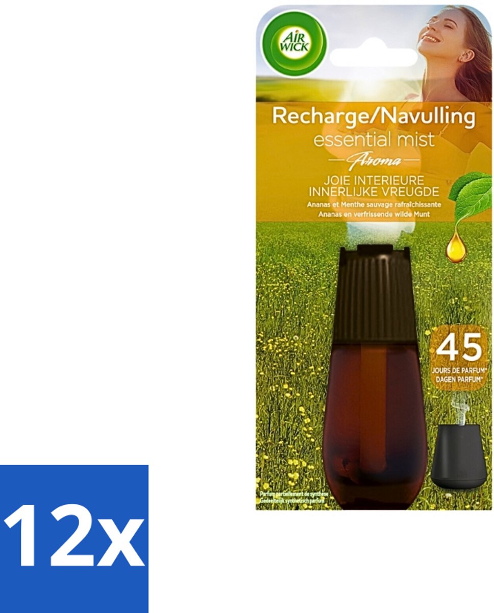 12 x Air Wick Essential Mist - Navulling - Happiness - Ananas & Wilde Munt - 20ml - Air Wick - Geurverspreider - Essentiële Oliën - Ananas - Munt