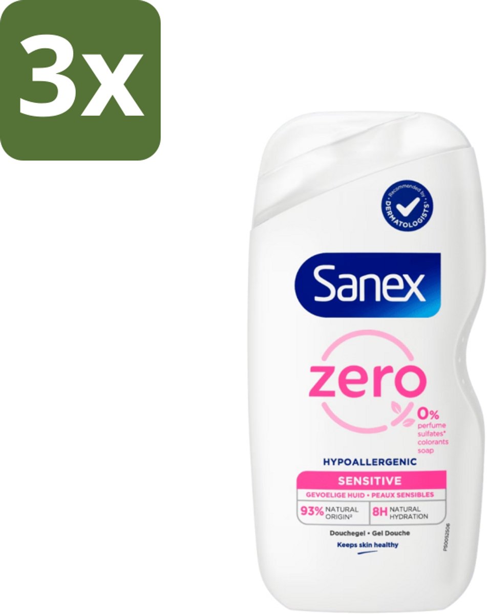 3 x Sanex Zero% - Douchegel - Gevoelige Huid - 0% Parfumsulfaten - Hypoallergeen - 400 ml - Gevoelige Huid - Hypoallergene Douchegel - 0% Parfum - 0% Sulfaten - Milde Reiniging