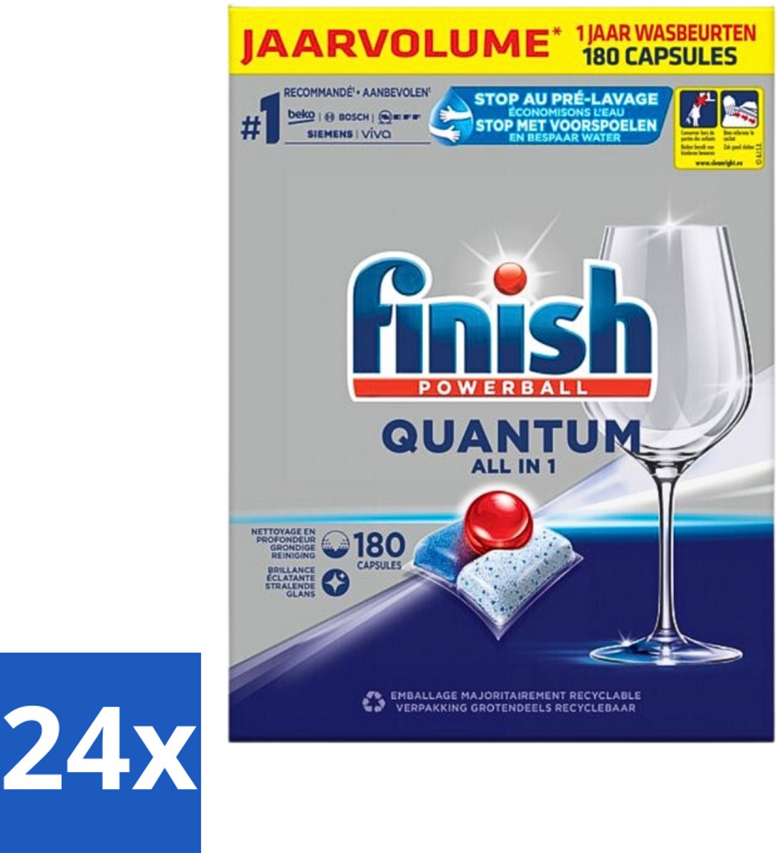 24 x Finish Powerball - Quantum All in 1 - Vaatwastabletten - 180 Tabletten - Vaatwascapsules - Diepe Reiniging - Glans - Vaatwasser - Finish Quantum