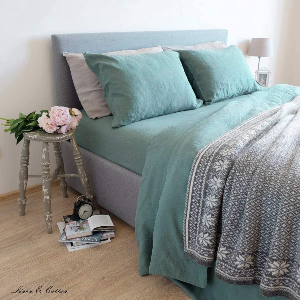 Linen & Cotton Zacht Beddengoed Set Alicia - 100% Gewassen Linnen, Munt Groen (220 x 230 cm) Beddenset Dekbedovertrek - ShopVlot