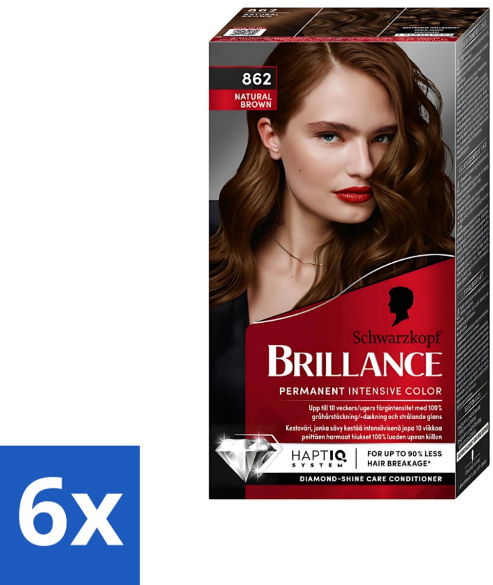 6 x Schwarzkopf Vital - Haarverf - Brillance - 862 Natuurlijk bruin - 60 ml - Haarverf - Permanente Haarkleuring - Bruin Haar - Grijsdekking - Glans
