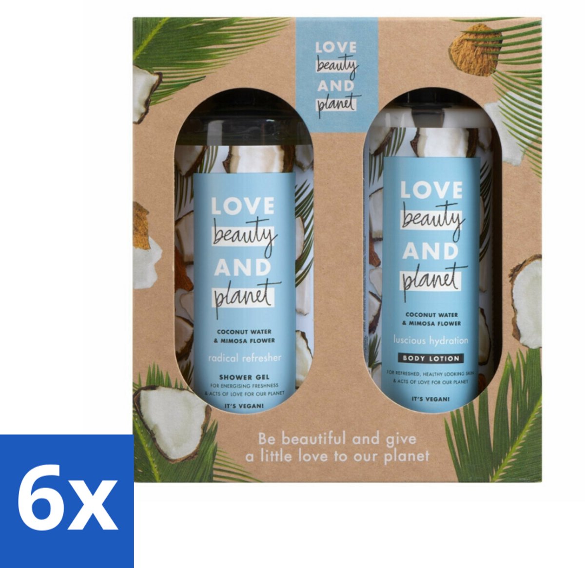 6 x Love Beauty and Planet - Douchegel & Bodylotion - Kokoswater & Mimosabloem - Duo Geschenkset - Kokoswater - Mimosabloem - Vegan Verzorging - Duurzame Cosmetica - Biologische Ingrediënten