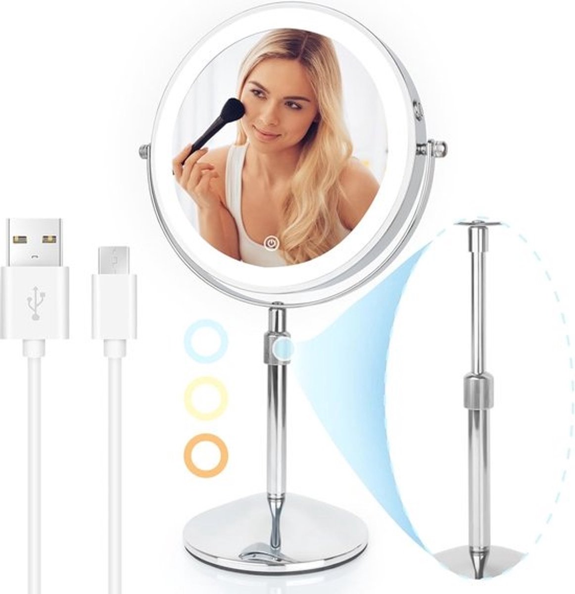 Make-upspiegel met verlichting, oplaadbare 1x/10x vergrotende spiegel met 3 kleuren en 360 graden rotatie