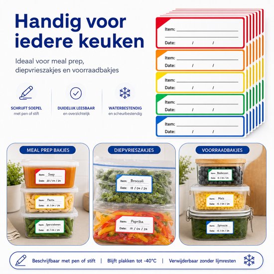 Voorbeelden van meal prep bakjes, diepvrieszakjes en voorraadbakjes met vriestiketten.