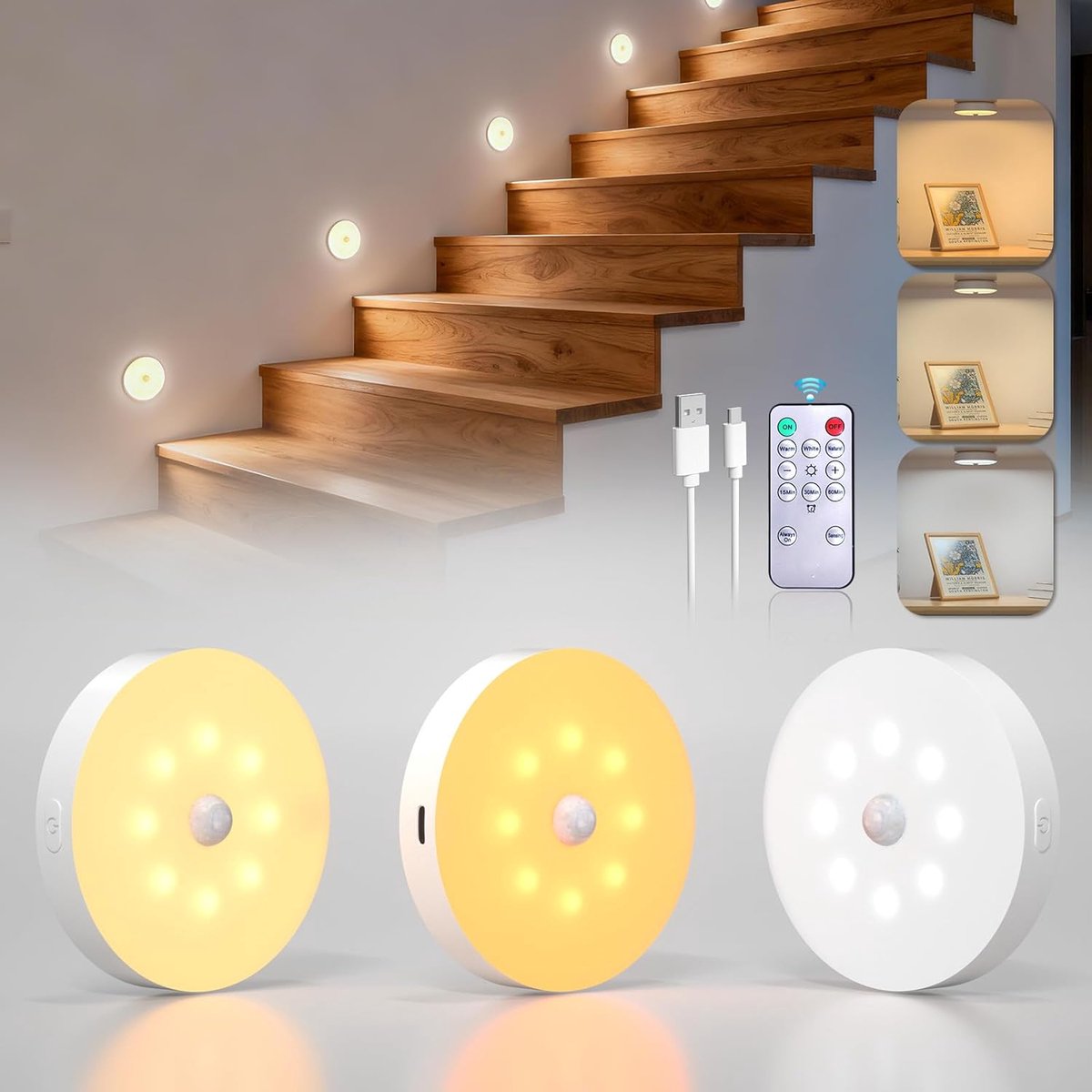 SnelShoppen - 3 Stuks Bewegingssensor Lampen LED Nachtlampje Oplaadbaar met Infrarood Sensor, 3-5 Meter Detectiebereik voor Binnen en Buiten, Ideaal v