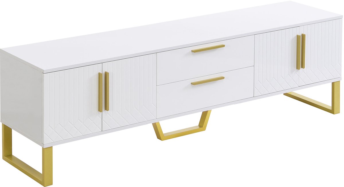 TV Meubel - 170 cm Hoogglans Met Gegraveerde Deuren - Wit en Goud