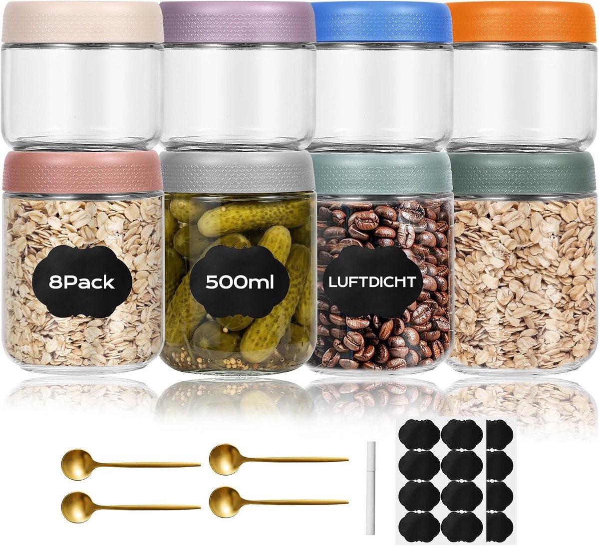 Set van 8 Lekvrije Overnight Oats Bekers met Deksel, 4x500ml + 4x350ml - Ideaal voor Maaltijdvoorbereiding, Salades en Jam met Lepel, Marker en Etiketten
