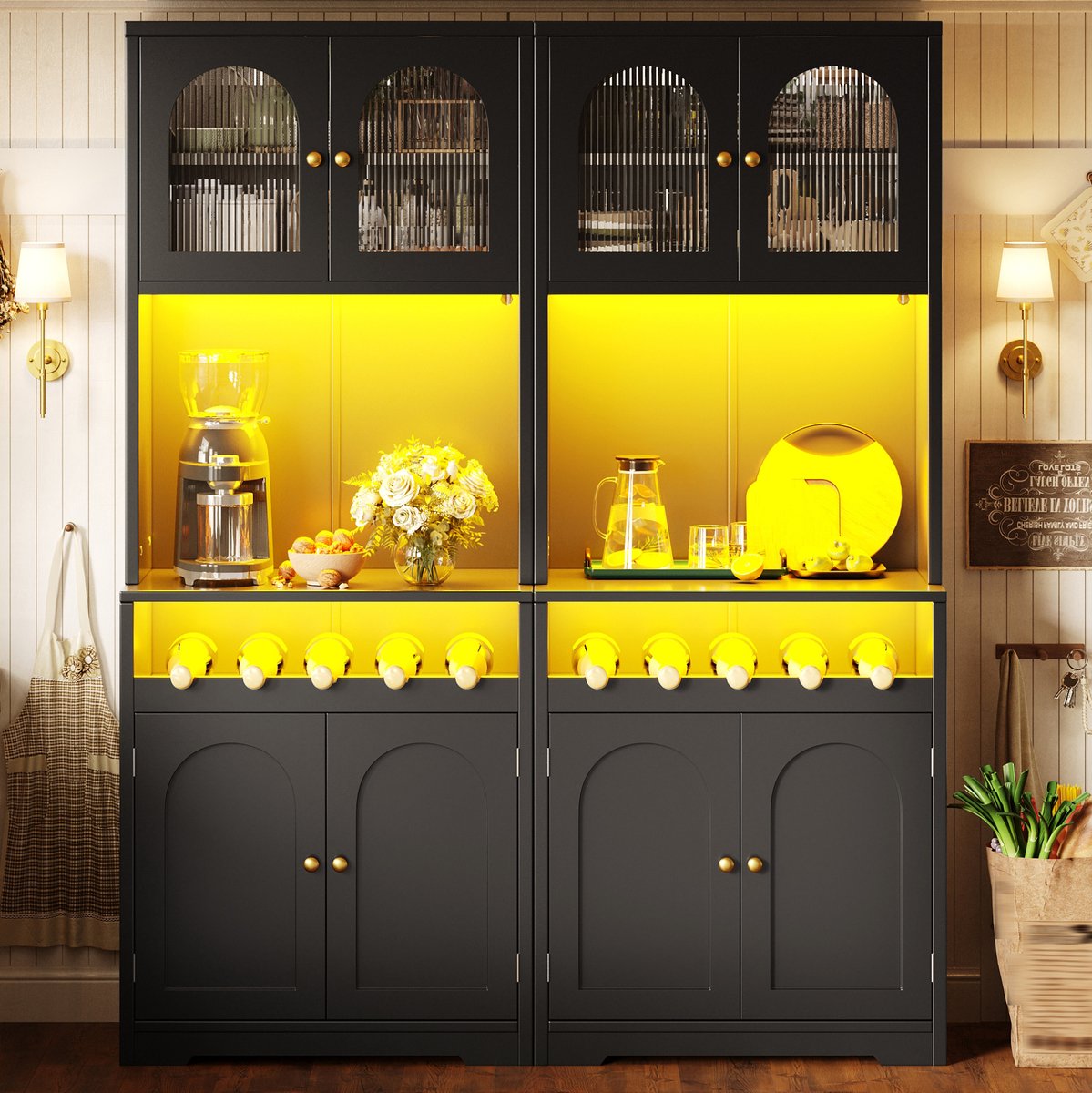 COVREO Buffetkast 140x38,3x180 cm zwart MDF en metaal, set van 2 met LED