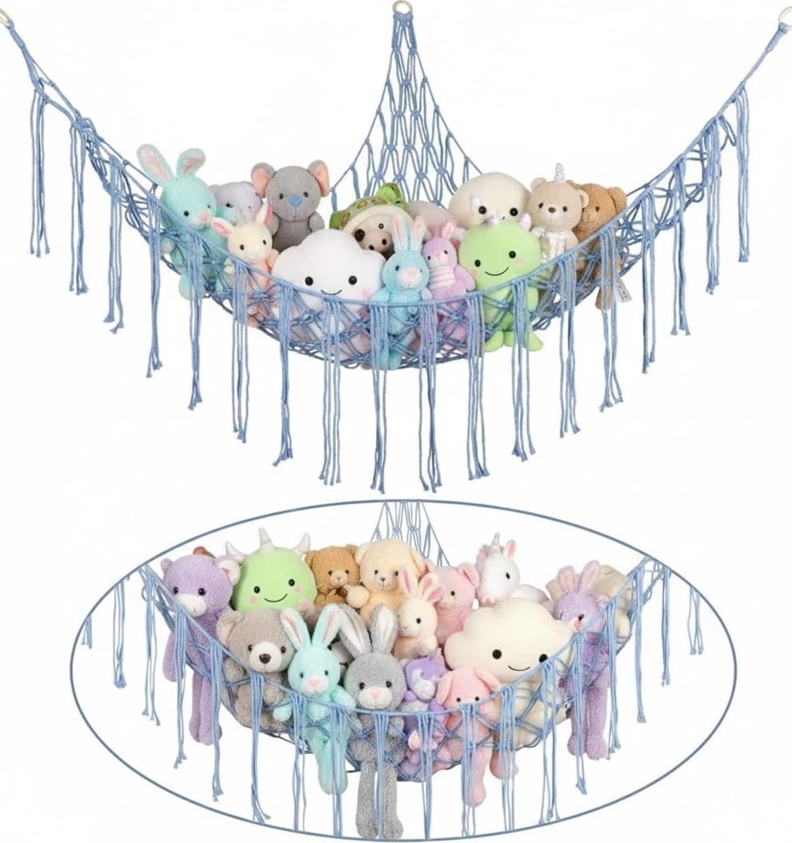 Opbergnet voor Pluche Speelgoed, 2 Stuks, Hoekoplossing voor Kinderkamer, Hangende Organiser, Macramé, Ruimtebesparend, Speelgoed Hammock, Knuffeldieren Opbergen