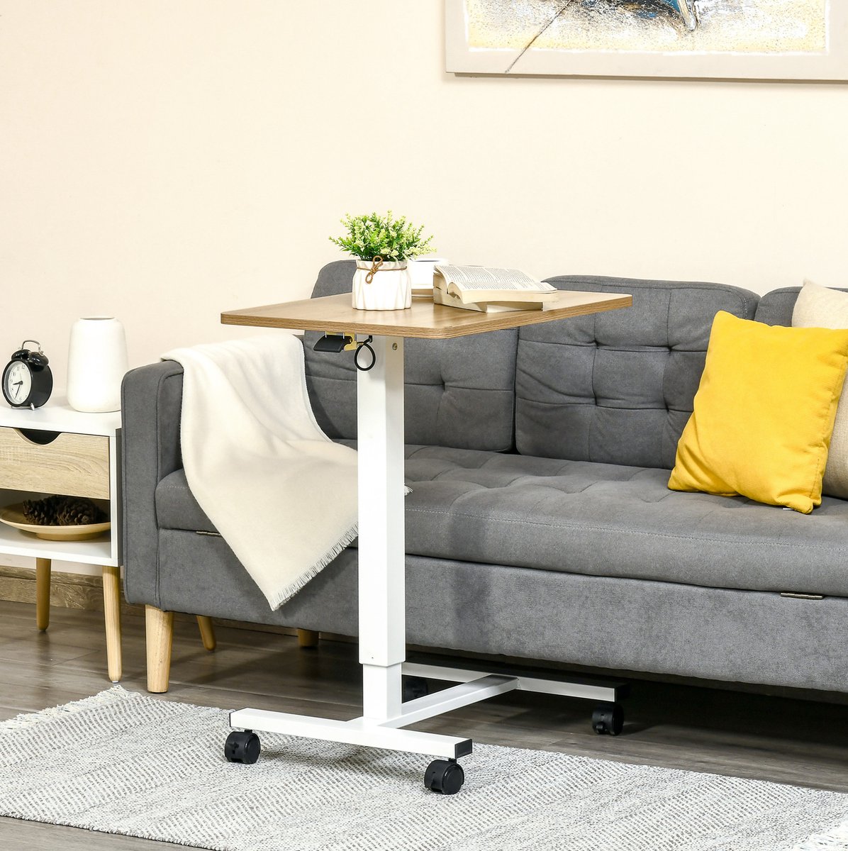 REDOM - Hoogteverstelbaar bureau - Zit-sta functie - C-vormig met wielen - Gaslift verstelbaar - Werken en schrijven - Staal en houtlook - Natuurlijk - 65 x 48 x 70-110 cm