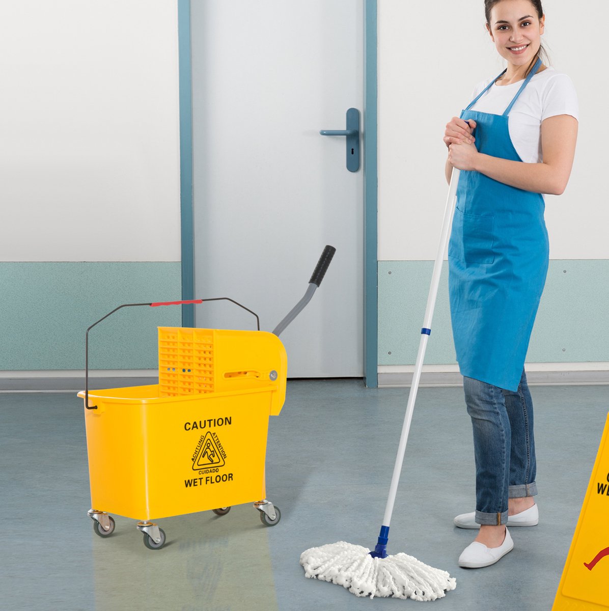 REDOM - Mopset - 20 liter inhoud - Met emmer en handmatige pers - 2 vakken - Met 4 wielen en handgreep - Kunststof - 63 x 27 x 67 cm