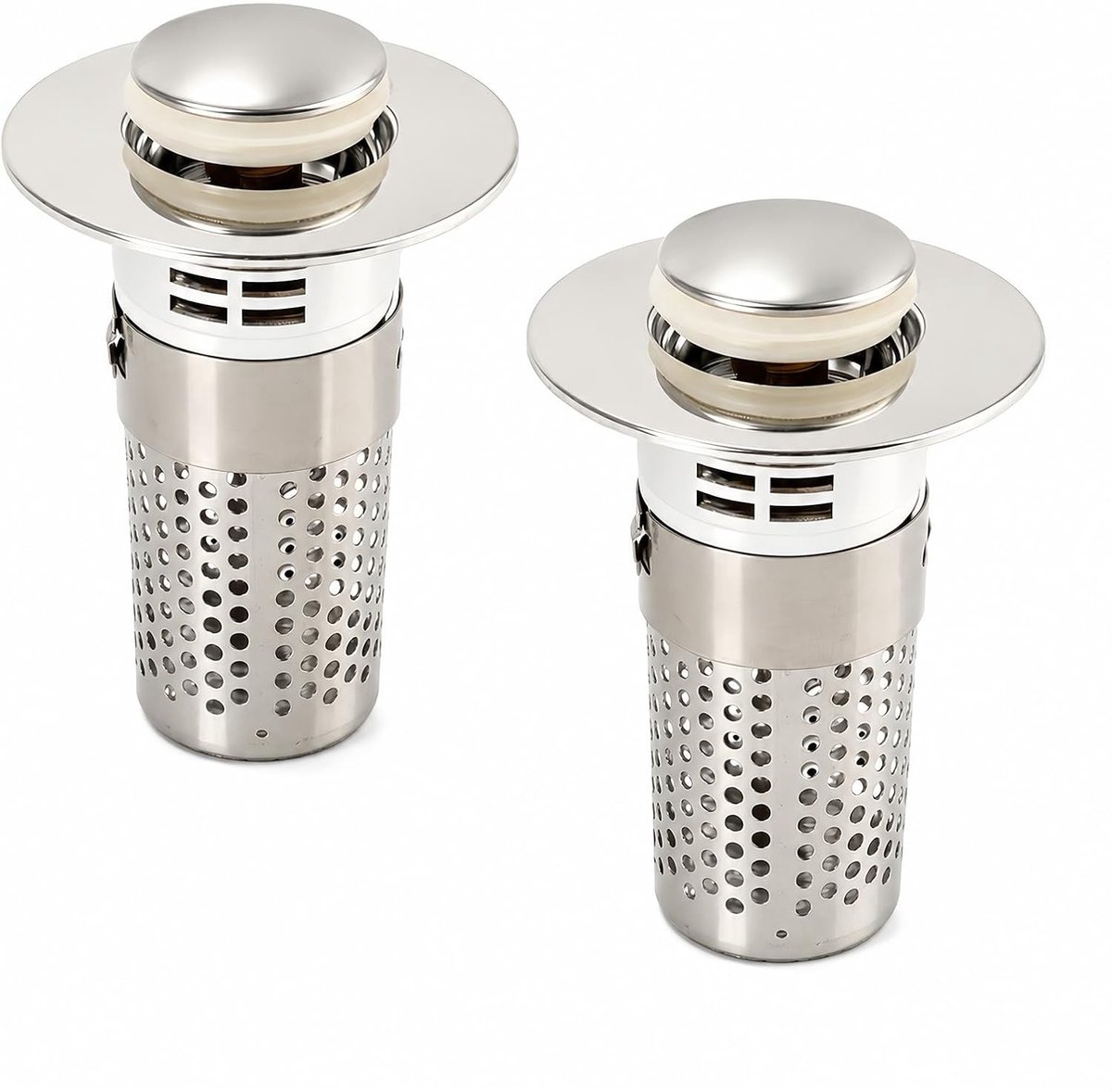 Badkuipstop 34-40 mm universeel, pop-up afvoerstop met haarfilter, roestvrijstalen wastafelstop voor badkamer en keuken, 2 stuks